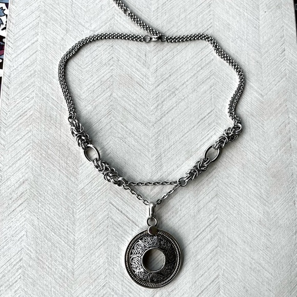 Handmade maille stainless steel chocker big 925 sterling silver coin shape charm - Picture 11 of 13